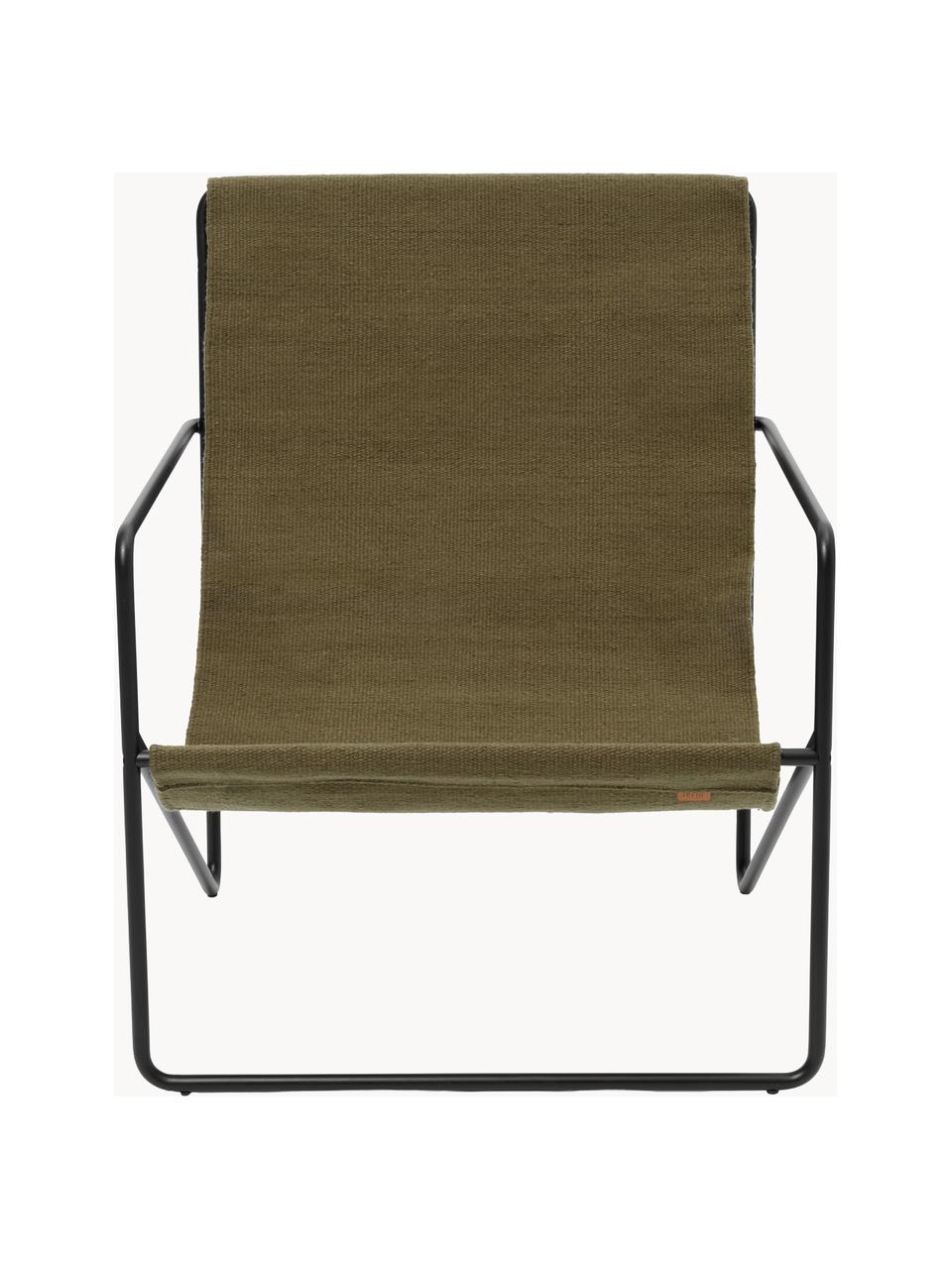 Fauteuil lounge Desert, Tissu vert olive, pieds noirs, larg. 63 x prof. 66 cm