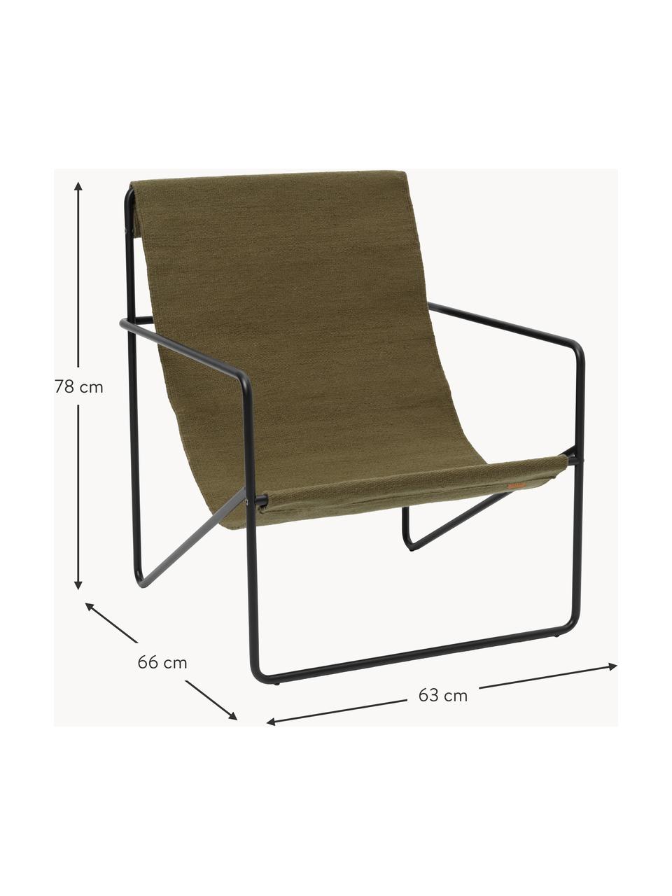 Fauteuil lounge Desert, Tissu vert olive, pieds noirs, larg. 63 x prof. 66 cm