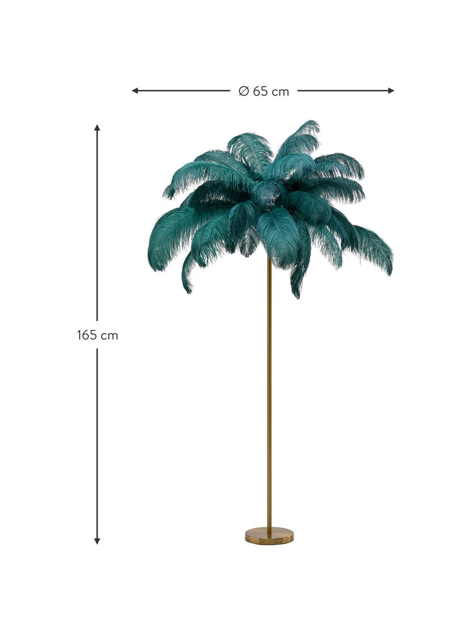 Lámpara de pie Feather Palm, Pantalla: plumas de avestruz, Estructura: acero latón, Cable: plástico, Dorado, verde, Ø 65 x Al 165 cm