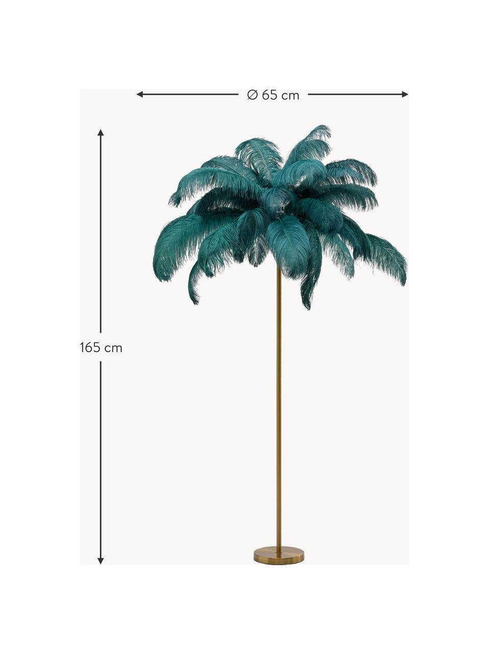 Lámpara de pie Feather Palm, Pantalla: plumas de avestruz, Estructura: acero latón, Cable: plástico, Dorado, verde, Al 165 cm