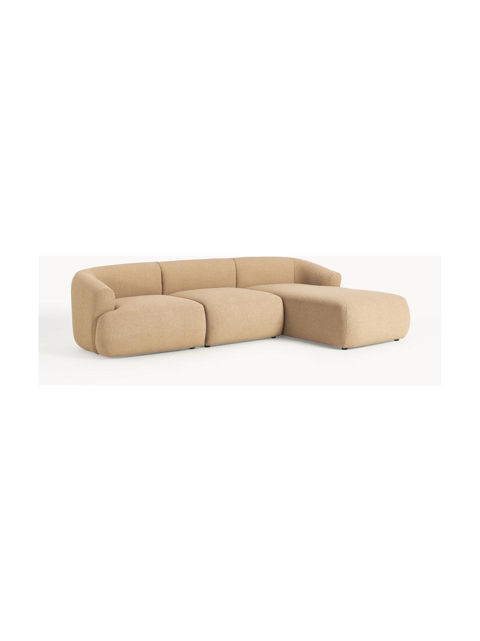 Divano angolare componibile 3 posti in bouclé Sofia, Rivestimento: bouclé (100 % poliestere), Struttura: legno di abete rosso, cer, Piedini: plastica, Bouclé beige, Larg. 272 x Prof. 160 cm, chaise longue a destra