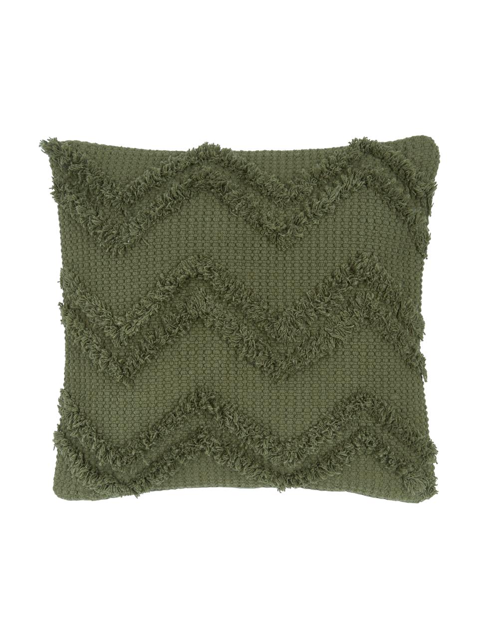 Federa arredo boho con motivo a zigzag trapuntato Akesha, 100% cotone, Verde, Larg. 45 x Lung. 45 cm