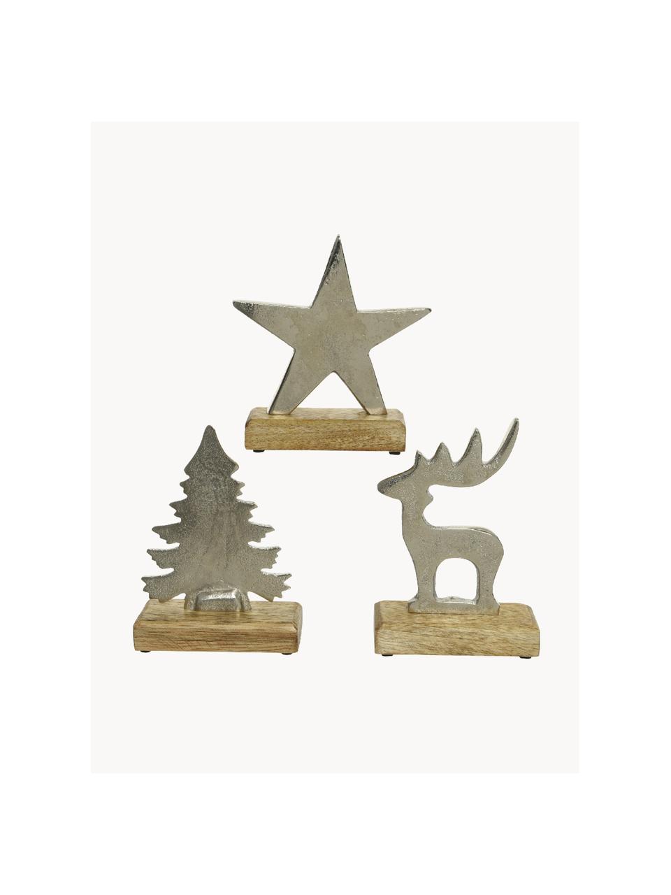 Weihnachtsfiguren Christmas mit Antik-Finish, 3er-Set, Silberfarben, Helles Holz, B 11 x H 12 cm