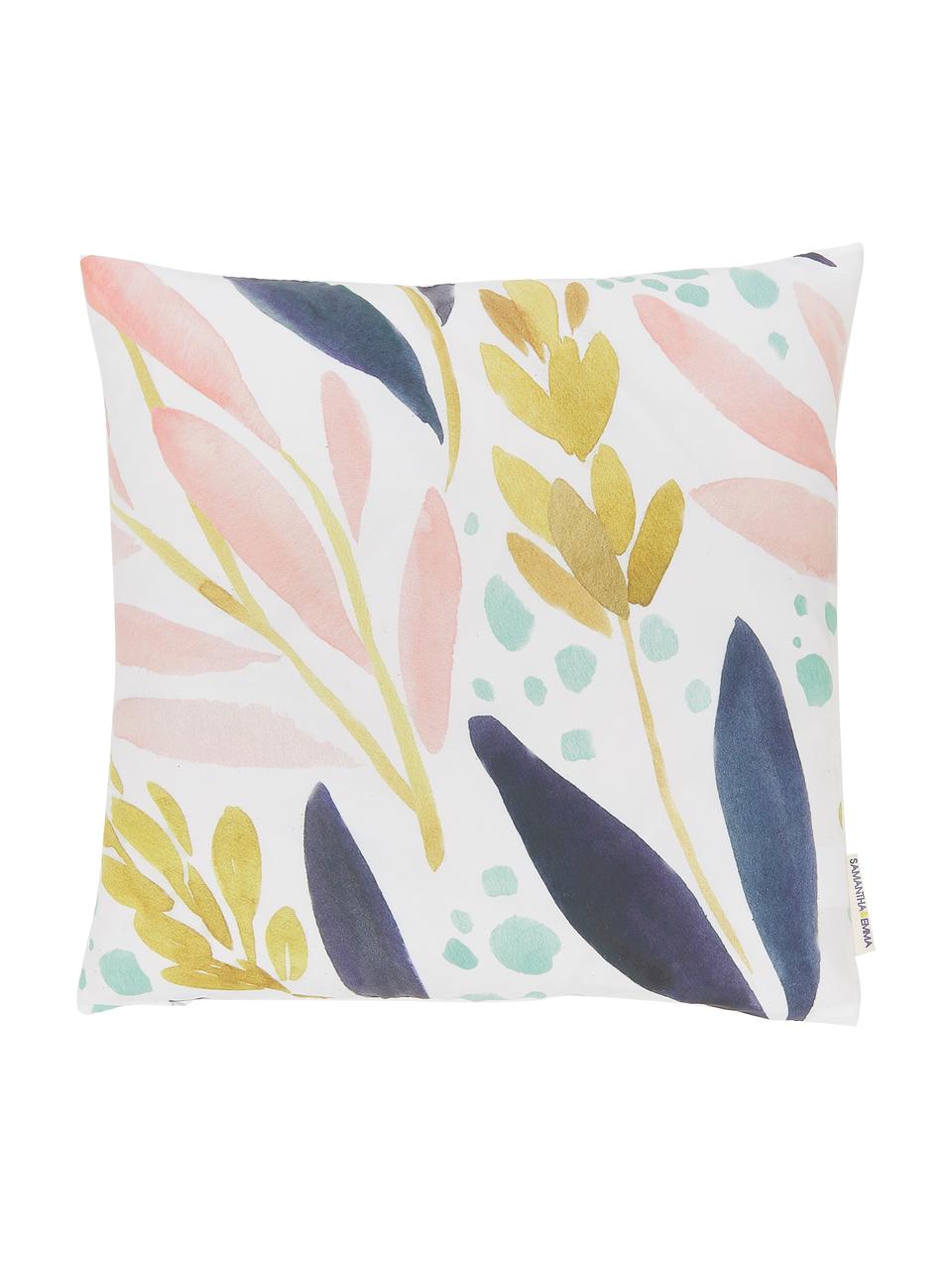 Housse de coussin imprimé floral Agia, Blanc, bleu foncé, bleu ciel, rose, jaune moutarde