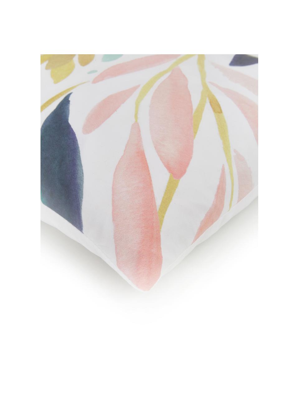 Kussenhoes Agia met aquarel print, Polyester, Wit, donkerblauw, lichtblauw, roze, mosterdgeel, 40 x 40 cm