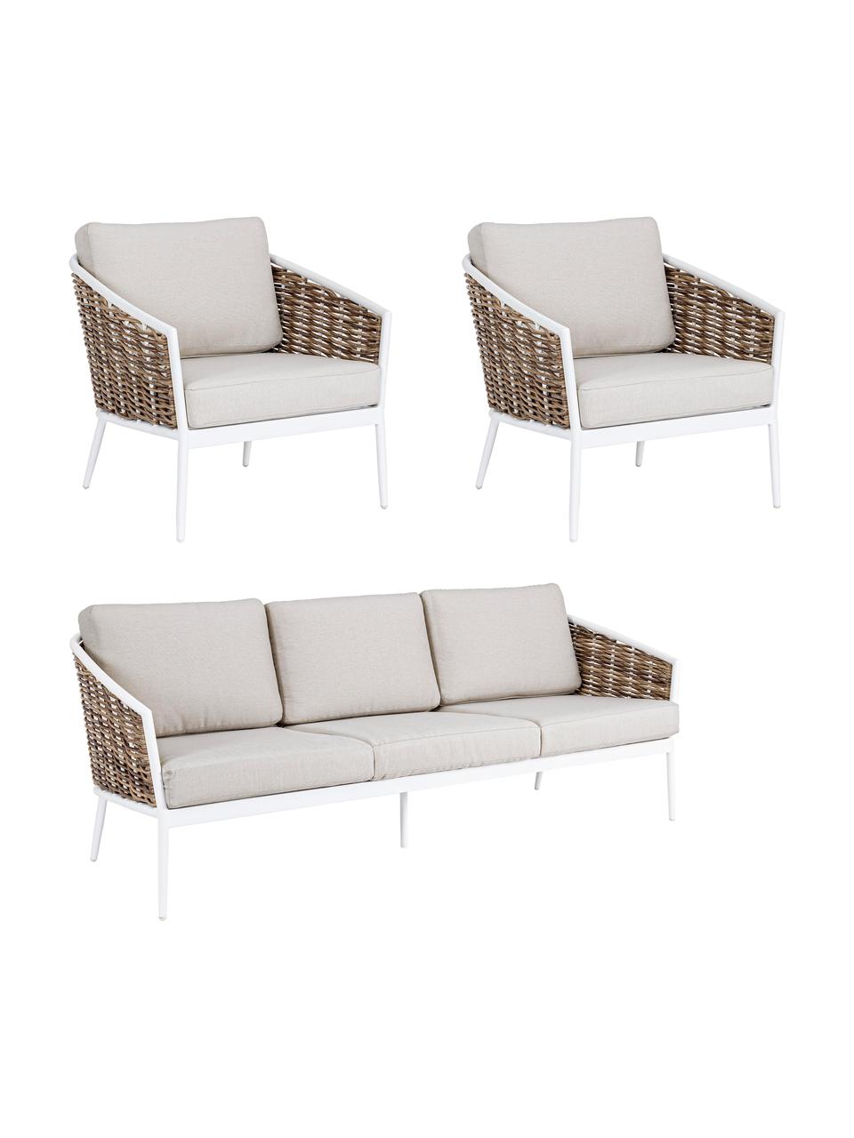 Outdoor loungeset Maribela, 3-delig, Bekleding: 100% polypropyleen, Frame: gepoedercoat aluminium, Wit, beige, lichtbruin, Set met verschillende formaten