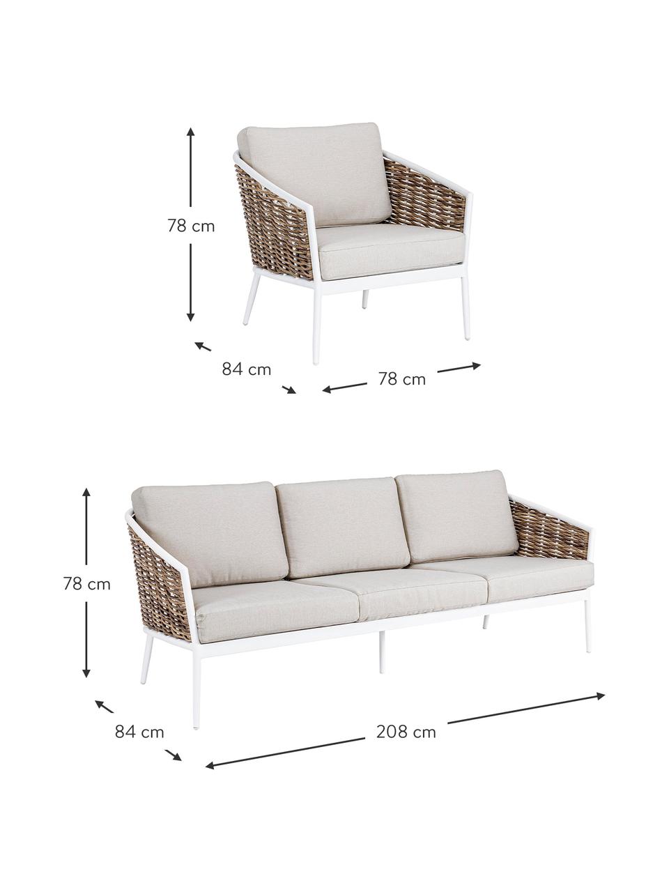 Outdoor loungeset Maribela, 3-delig, Bekleding: 100% polypropyleen, Frame: gepoedercoat aluminium, Wit, beige, lichtbruin, Set met verschillende formaten