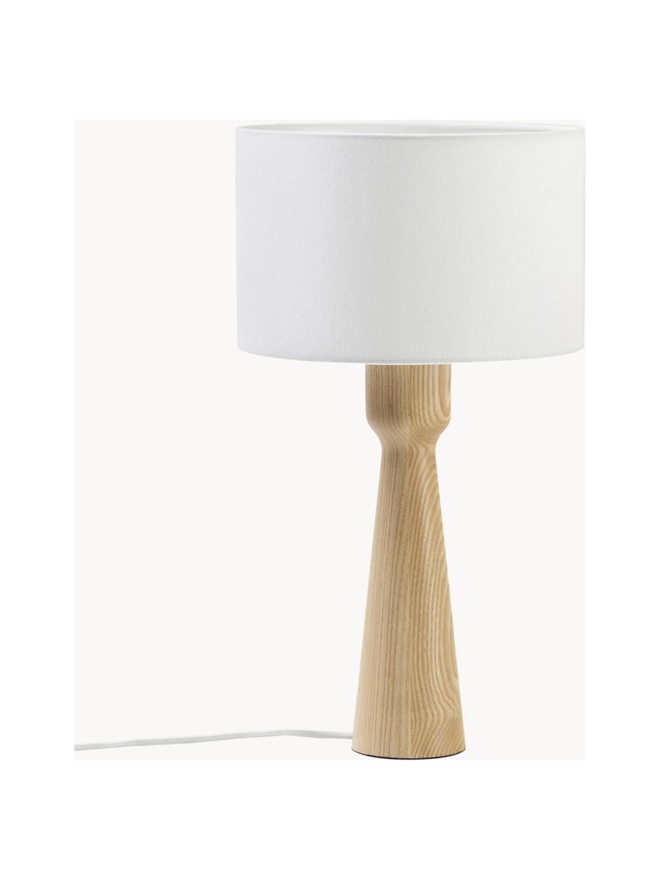 Lámpara de mesa de madera de fresno Jascha, Pantalla: tejido en aspecto lino, Cable: cubierto en tela, Madera de fresno clara, blanco, Ø 24 x Al 43 cm