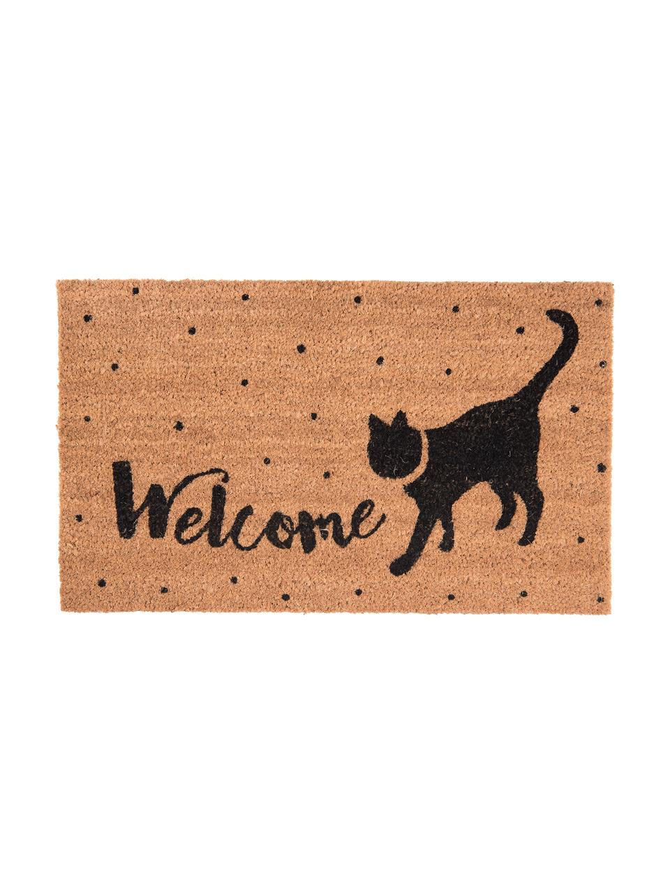 Felpudo Welcome Cat, Parte superior: fibras de coco, Reverso: PVC, Marrón, negro, An 45 x L 75 cm