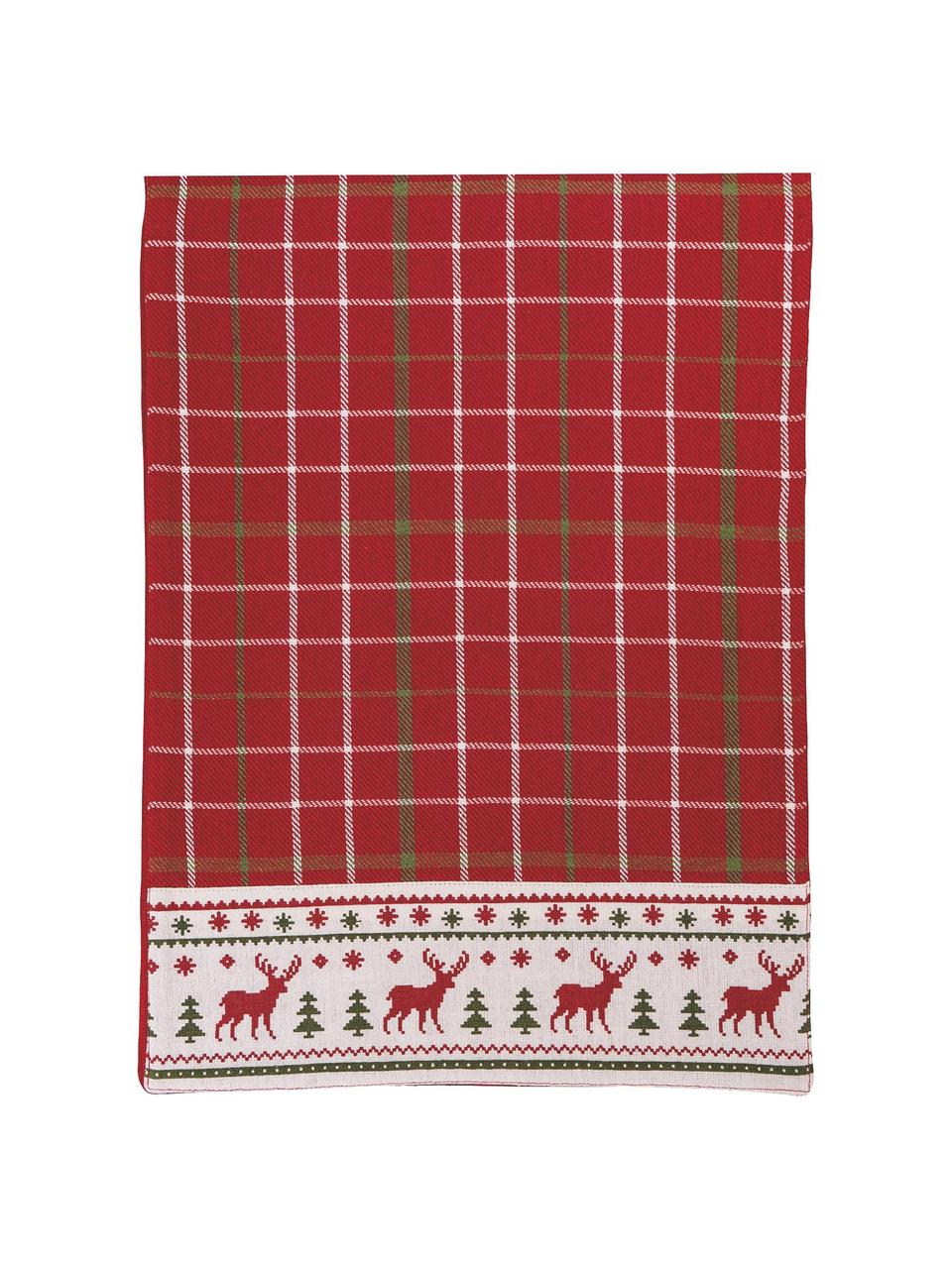 Chemin de table Noël Tartan Reindeer, 100 % coton, Rouge, blanc, couleur dorée, larg. 33 x long. 178 cm