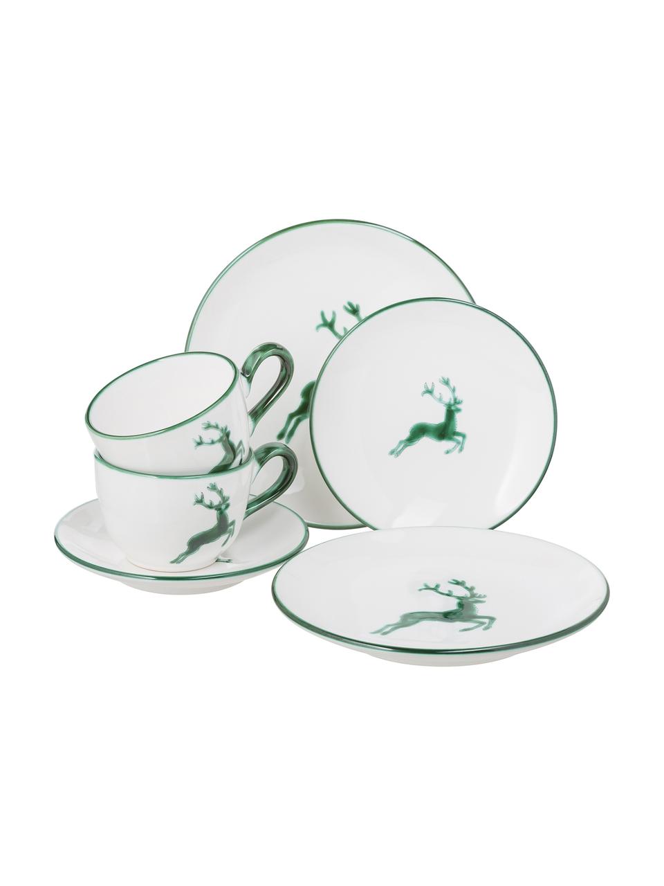 Handgemaakt koffieservies Grüner Hirsch, 2 personen (6 stuks), Keramiek, Wit, groen, Set met verschillende formaten