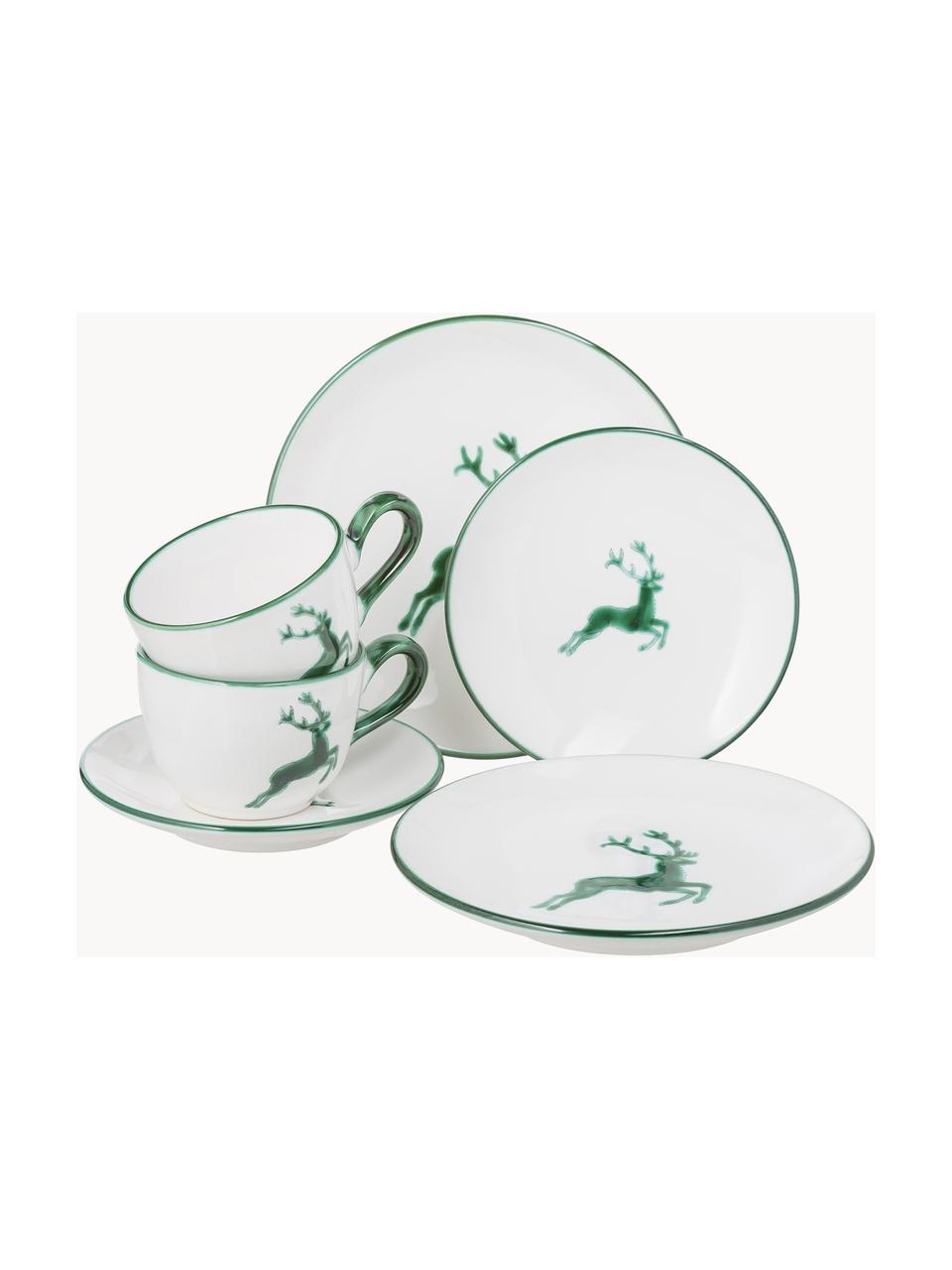 Set de café artesanal Grüner Hirsch, 6 pzas., Cerámica, Blanco, verde, 2 comensales (6 pzas.)