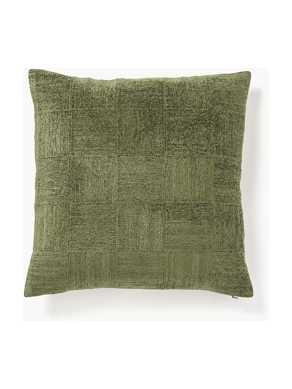 Housse de coussin 50x50 en chenille Keeley, 100 % coton, Vert olive, larg. 50 x long. 50 cm