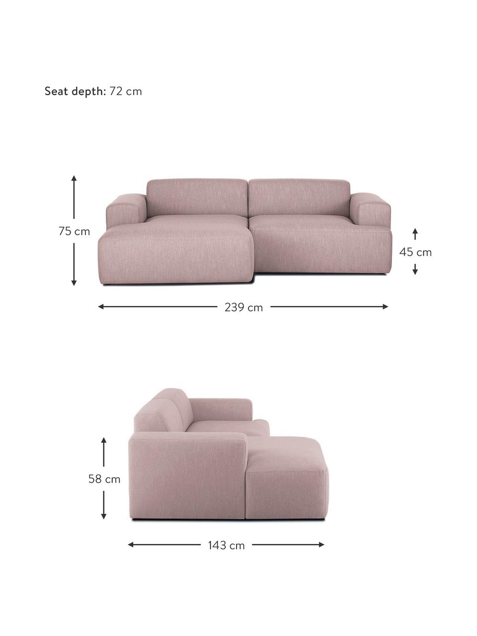 Canapé d'angle 3 places Melva, Tissu rose, larg. 239 x prof. 143 cm, méridienne à gauche