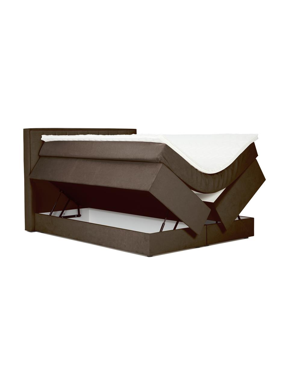 Letto boxspring con contenitore Livia, Materasso: nucleo a 5 zone di molle , Piedini: plastica, Tessuto marrone scuro, Larg. 140 x Lung. 200 cm, grado di durezza 2