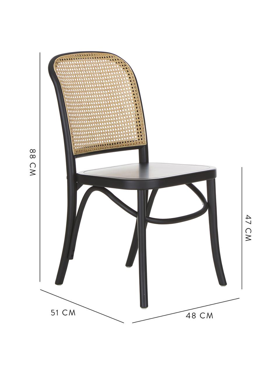 Holzstuhl Franz mit Wiener Geflecht, Sitzfläche: Sperrholz, lackiert, Gestell: Massives Birkenholz, lack, Rückenlehne: Rattan, Schwarz, B 48 x T 59 cm