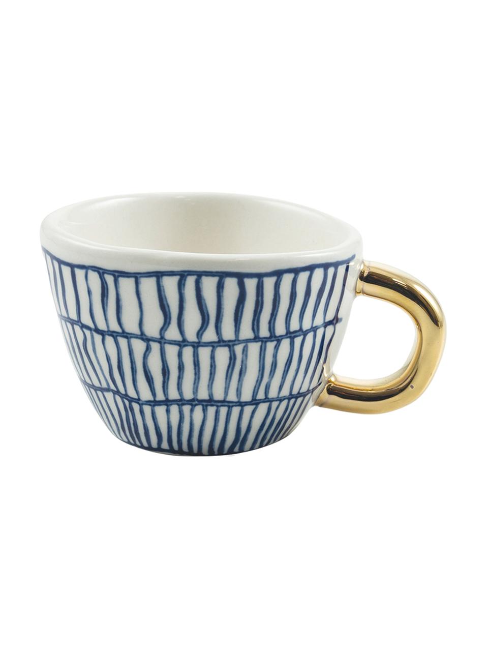 Gemusterte Espressotassen Masai mit goldenem Griff, 6er-Set, Steingut, Blau, Weiss, Goldfarbe, Ø 7 x H 5 cm