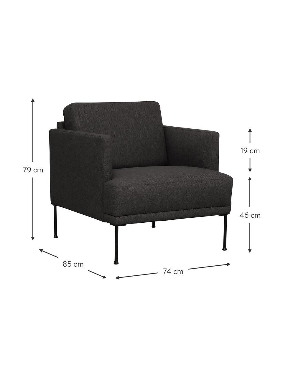 Fotel z metalowymi nogami Fluente, Tapicerka: 100% poliester Dzięki tka, Stelaż: lite drewno sosnowe z cer, Nogi: metal malowany proszkowo, Ciemnoszara tkanina, S 74 x G 85 cm