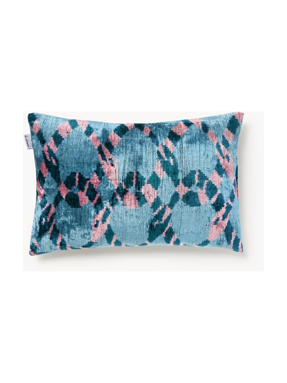 Housse de coussin en velours avec motif abstrait Velvety, Velours de soie (50 % soie, 50 % coton), Tons bleus, rose pâle, larg. 40 x long. 60 cm