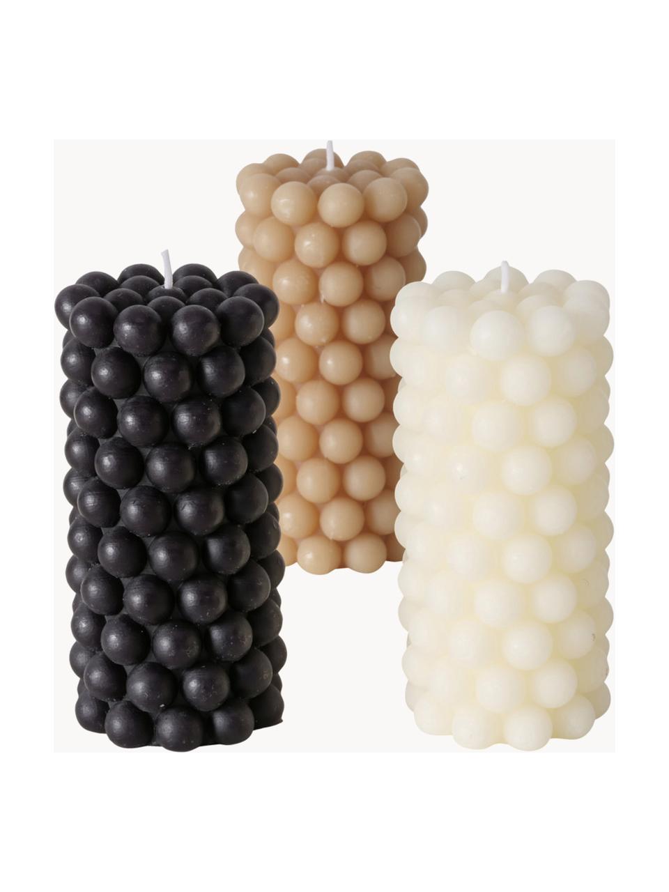 Bougies piliers de cire Pearls, 3 élém., haut. 14 cm, Cire, Blanc cassé, noir, beige, Ø 7 x haut. 14 cm