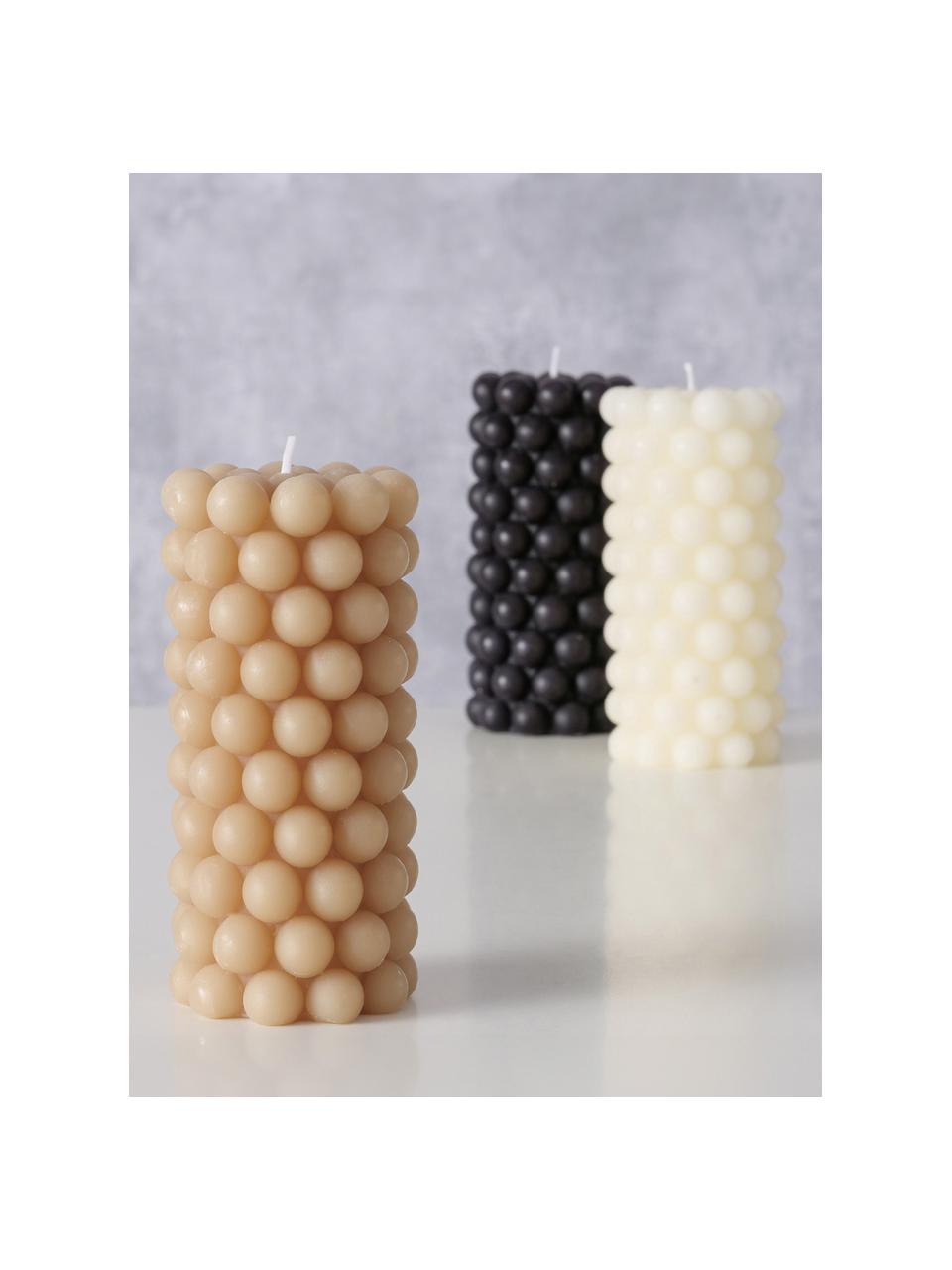 Bougies piliers de cire Pearls, 3 élém., haut. 14 cm, Cire, Blanc cassé, noir, beige, Ø 7 x haut. 14 cm