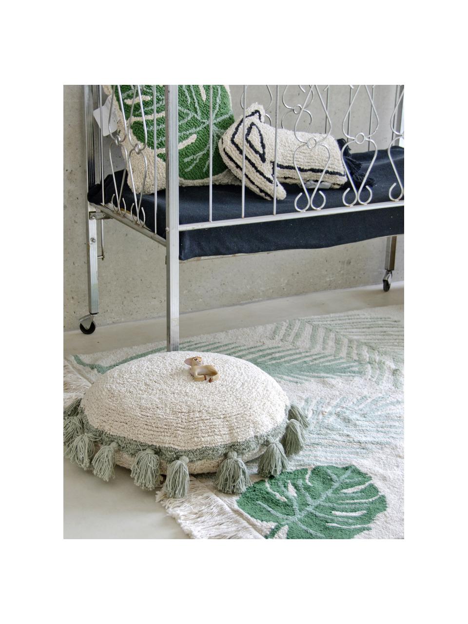 Handgefertigtes Kuschelkissen Circle mit Fransen, Bezug: 97 % Baumwolle, 3 % ander, Cremeweiß, Salbeigrün, Ø 48 cm