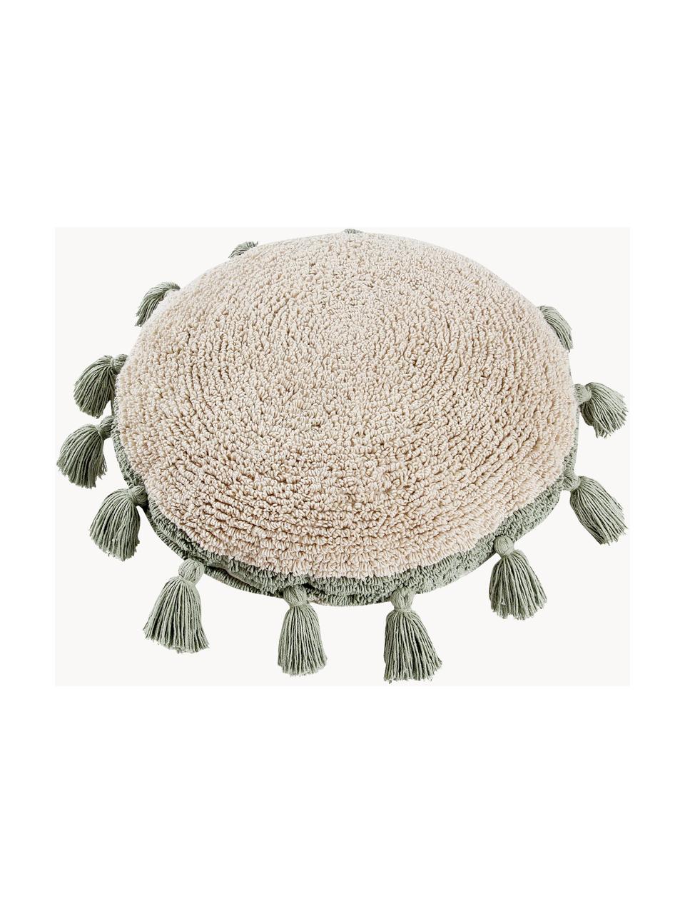 Ręcznie wykonana poduszka-przytulanka z frędzlami Circle, Tapicerka: 97% bawełna, 3% pozostałe, Jasny beżowy, szałwiowy zielony, Ø 48 cm
