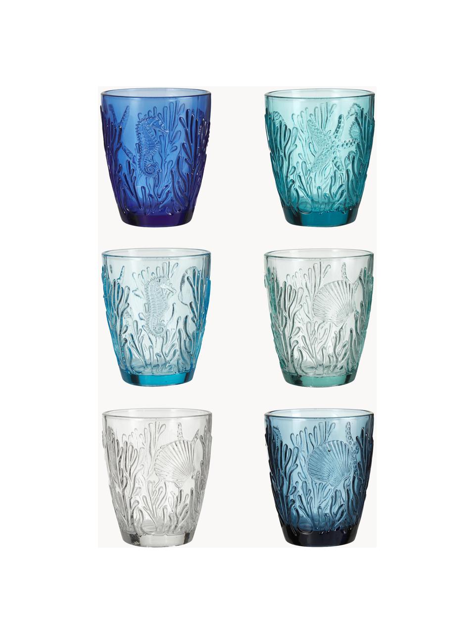 Vasos con relieve Pantelleria, 6 uds., Vidrio, Tonos azules, Ø 9 x Al 10 cm