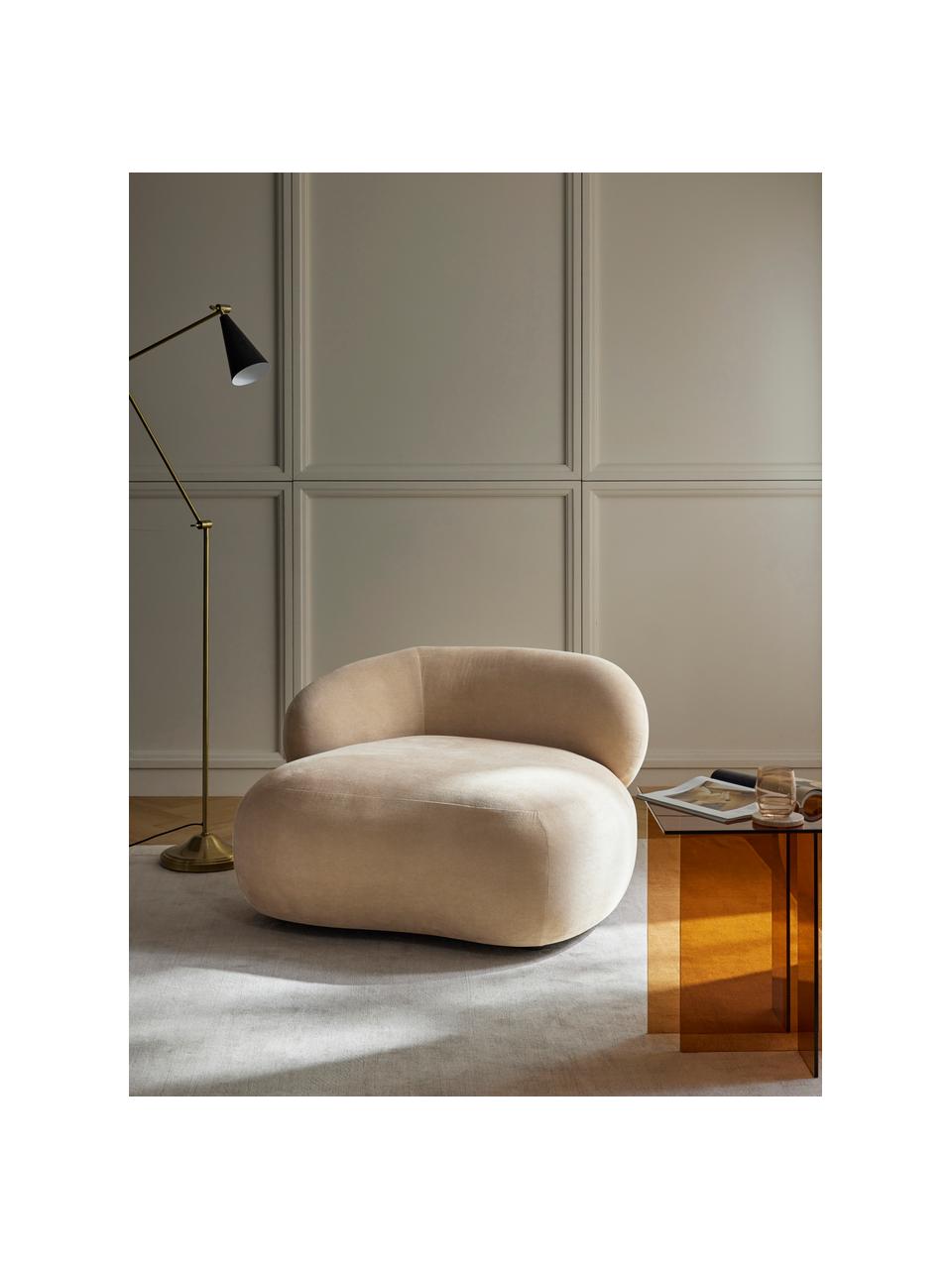 Niervormige loungefauteuil Alba, Bekleding: 97% polyester, 3% nylon M, Frame: massief sparrenhout, berk, Poten: kunststof Het materiaal d, Geweven stof beige, B 102 x D 89 cm, rugleuning links