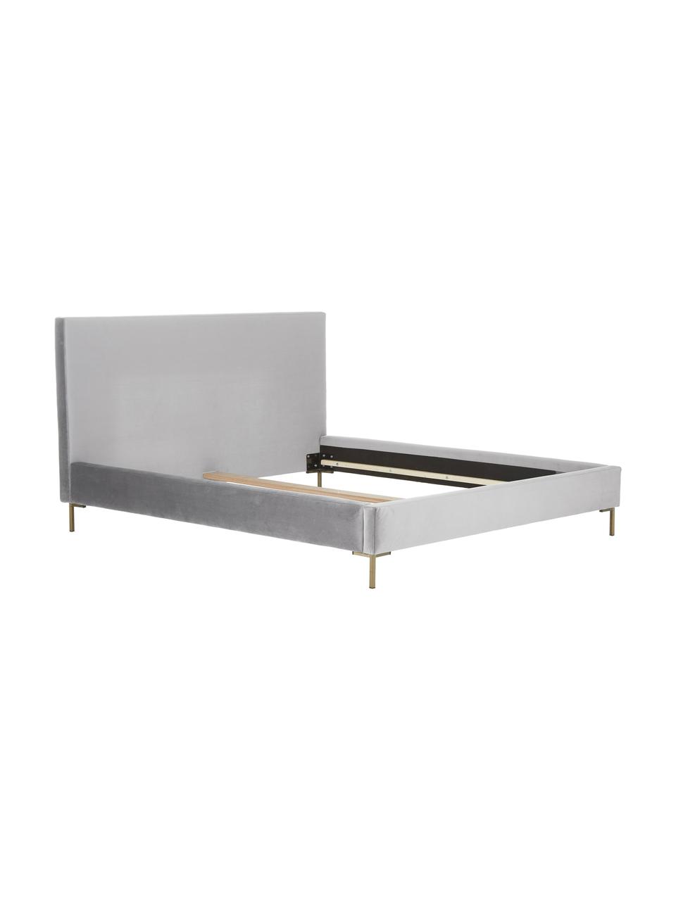 Gestoffeerd fluwelen bed Peace, Bekleding: polyester fluweel, Frame: massief grenenhout, FSC-g, Poten: gepoedercoat metaal, Fluweel lichtgrijs, 140 x 200 cm