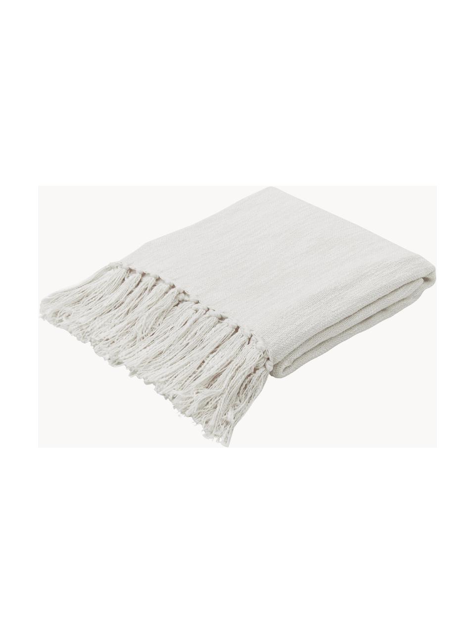 Coperta in cotone bianco crema con frange Toly, 100% cotone, Bianco crema, Larg. 130 x Lung. 170 cm