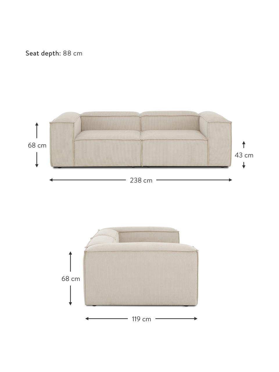 Sofa modułowa ze sztruksu Lennon (3-osobowa), Tapicerka: sztruks (92% poliester, 8, Stelaż: lite drewno, sklejka, Nogi: tworzywo sztuczne, Beżowy sztruks, S 238 x G 119 cm