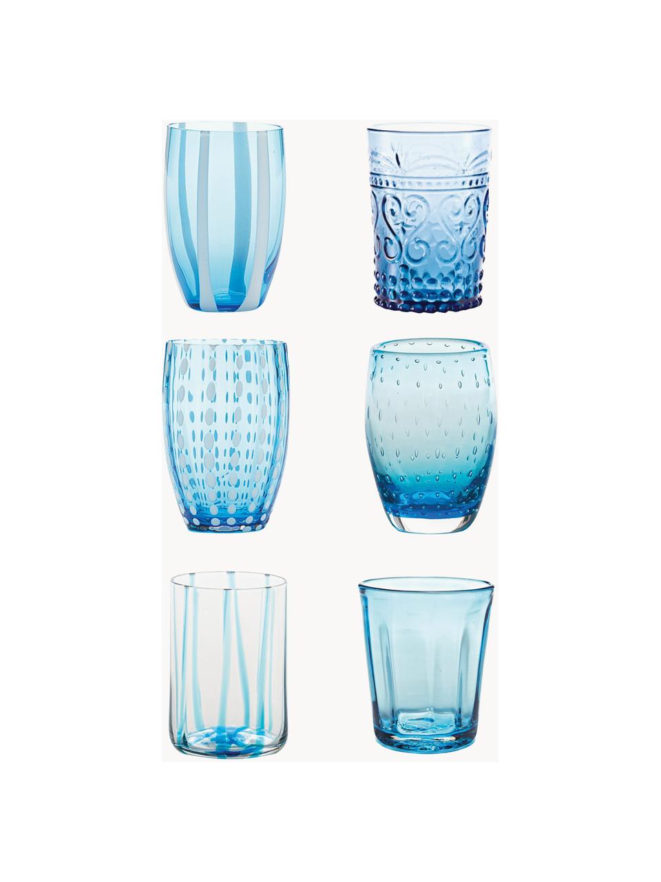 Handgemaakte waterglazen Melting, set van 6, Glas, Lichtblauw, transparant, Set met verschillende formaten