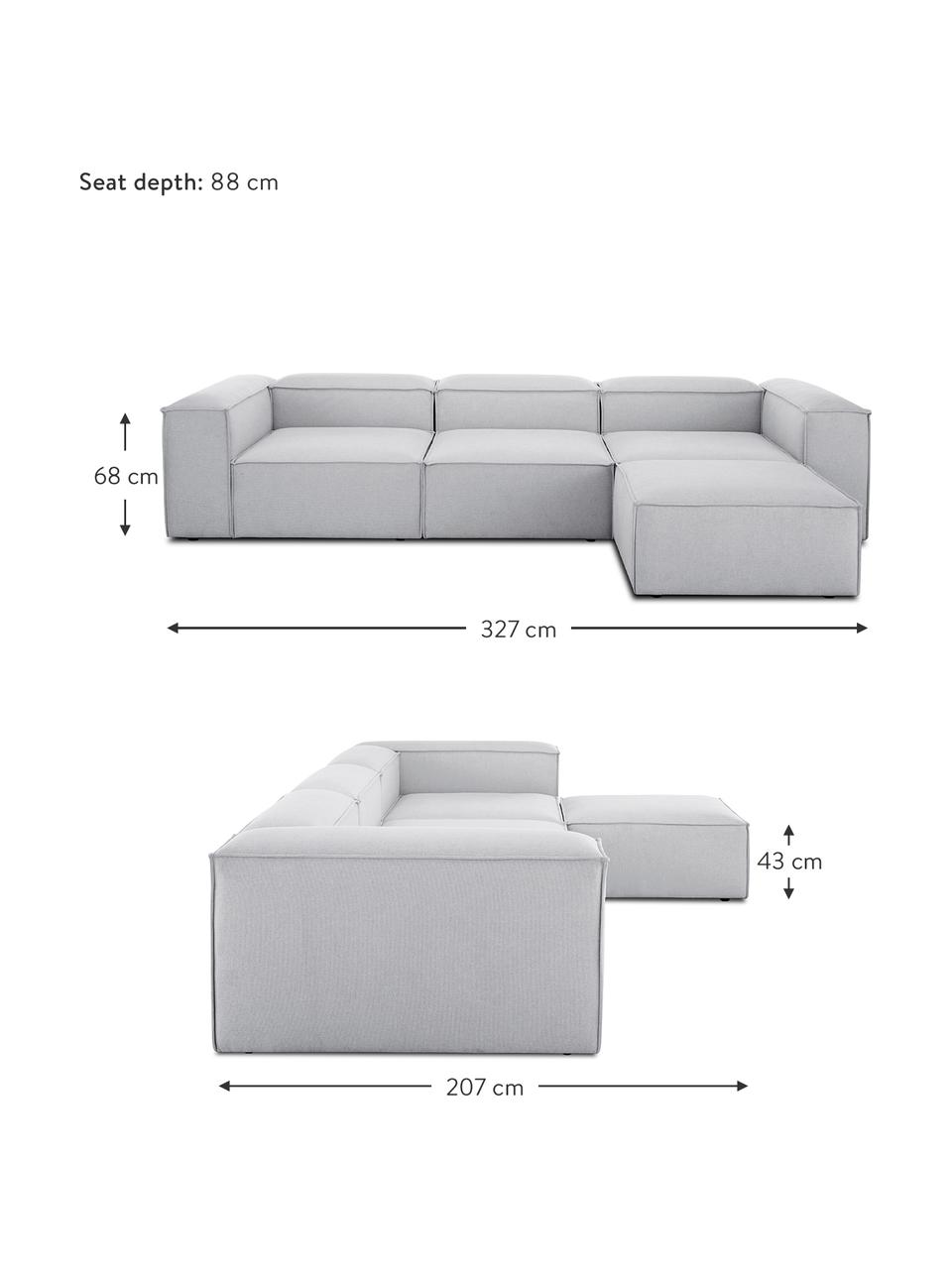 Canapé d'angle modulable 4 places avec pouf Lennon, Tissu gris clair, larg. 327 x prof. 207 cm