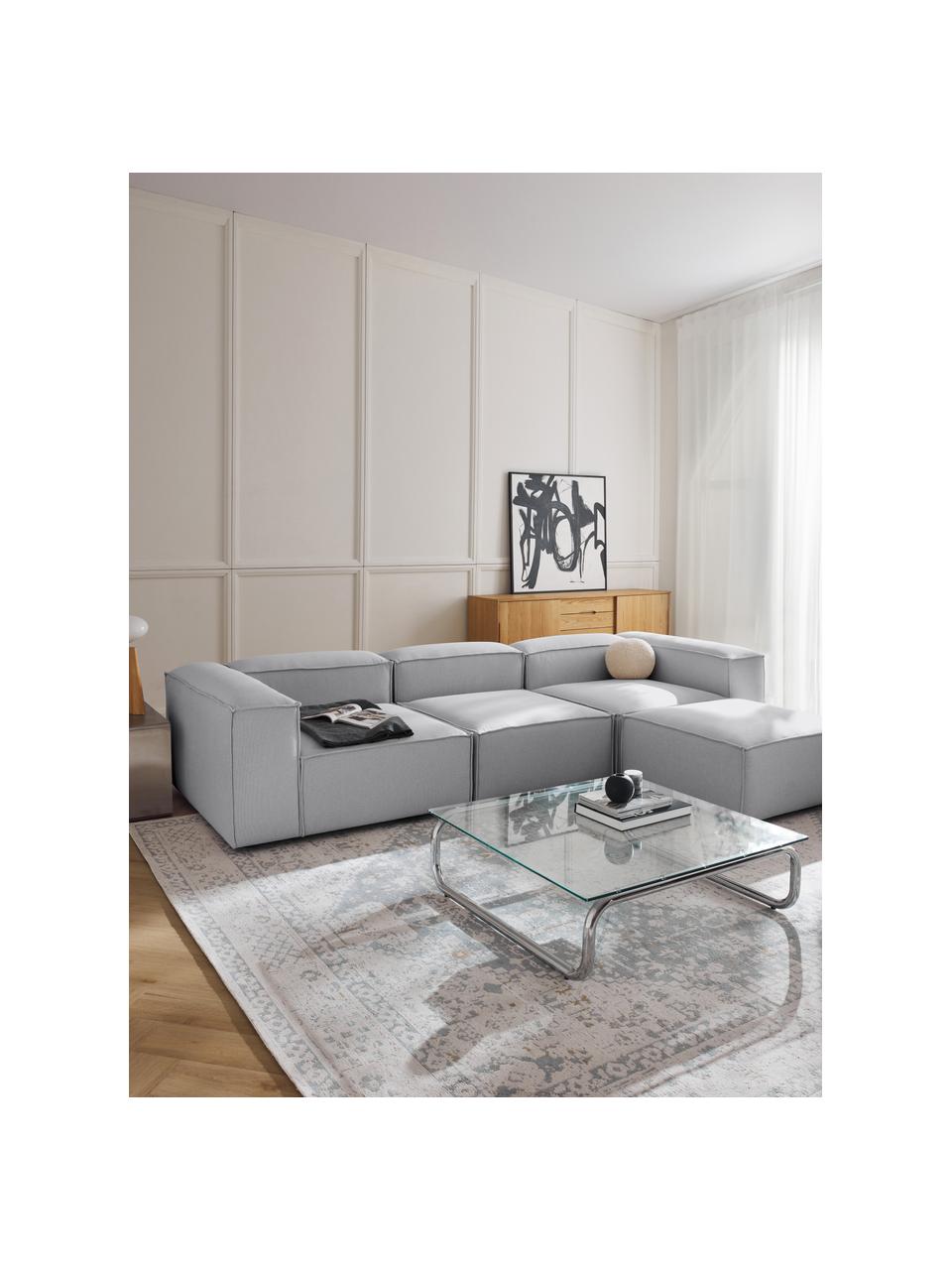 Canapé d'angle modulable 4 places avec pouf Lennon, Tissu gris, larg. 329 x prof. 207 cm