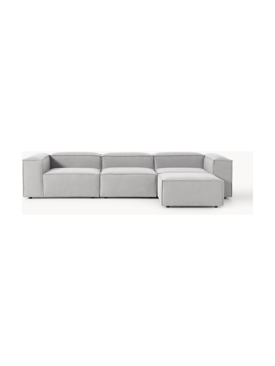 Modulares Sofa Lennon (4-Sitzer) mit Hocker (links/rechts), Bezug: 100 % Polyester Der strap, Gestell: Massives Kiefernholz, Spe, Füße: Kunststoff Dieses Produkt, Webstoff Grau, B 329 x T 207 cm