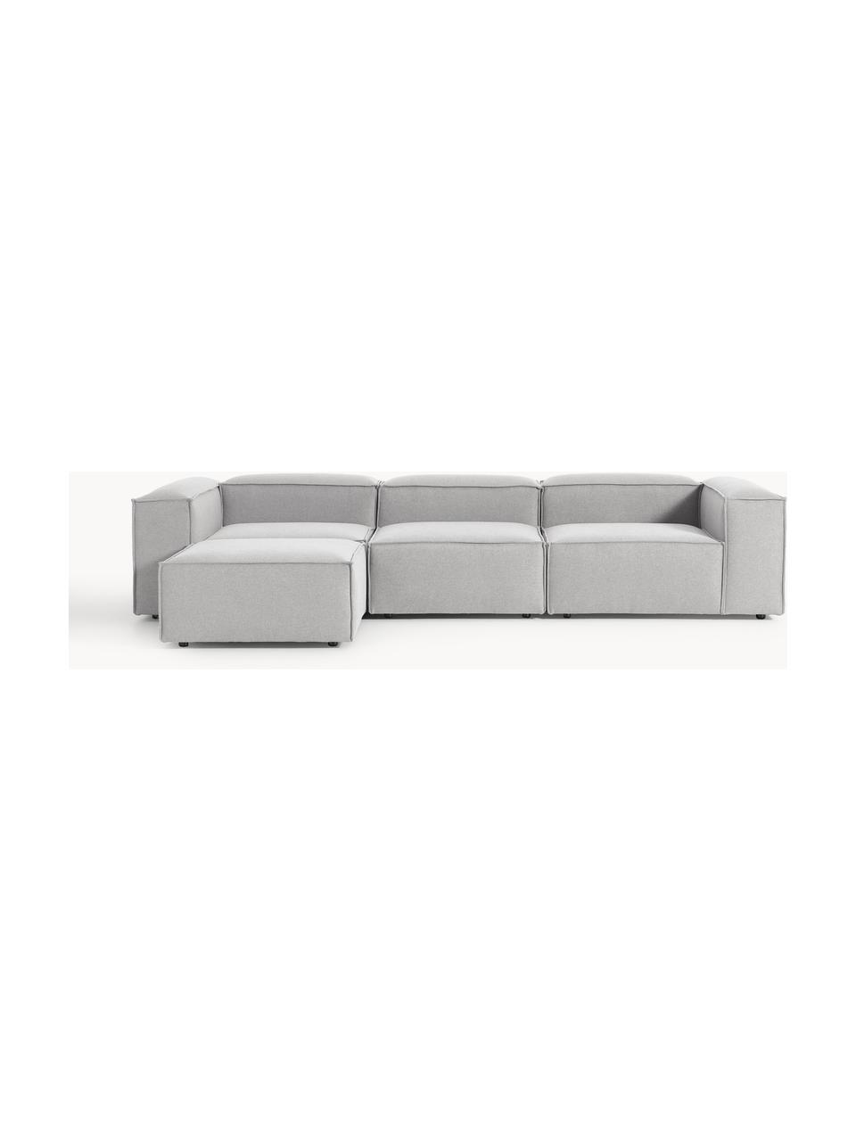 Modulares Sofa Lennon (4-Sitzer) mit Hocker (links/rechts), Bezug: 100 % Polyester Der strap, Gestell: Massives Kiefernholz, Spe, Füße: Kunststoff Dieses Produkt, Webstoff Grau, B 329 x T 207 cm