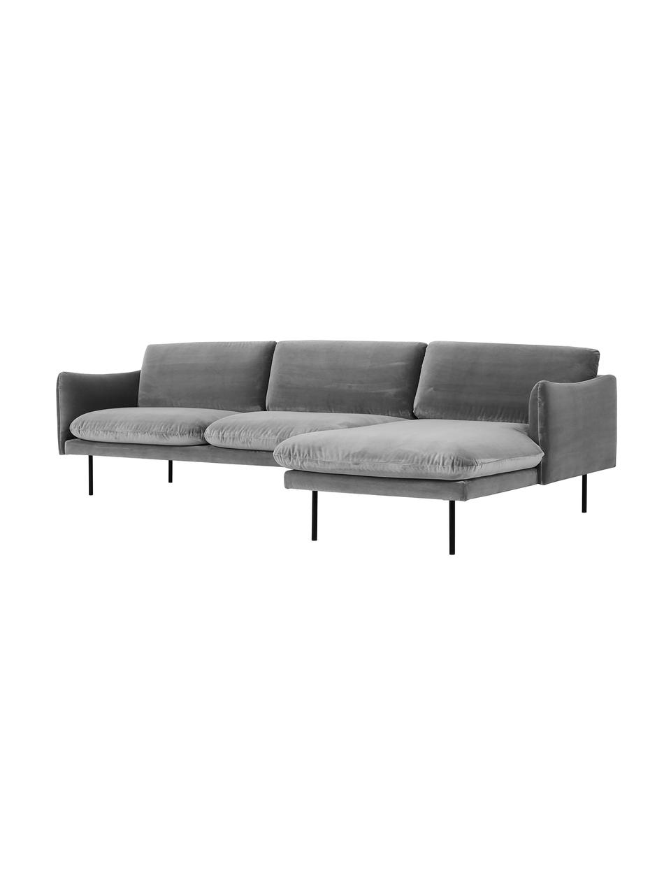 Sofa narożna z aksamitu Moby, Tapicerka: aksamit (wysokiej jakości, Stelaż: lite drewno sosnowe z cer, Nogi: metal malowany proszkowo, Szary aksamit, S 280 x G 160 cm, lewostronna