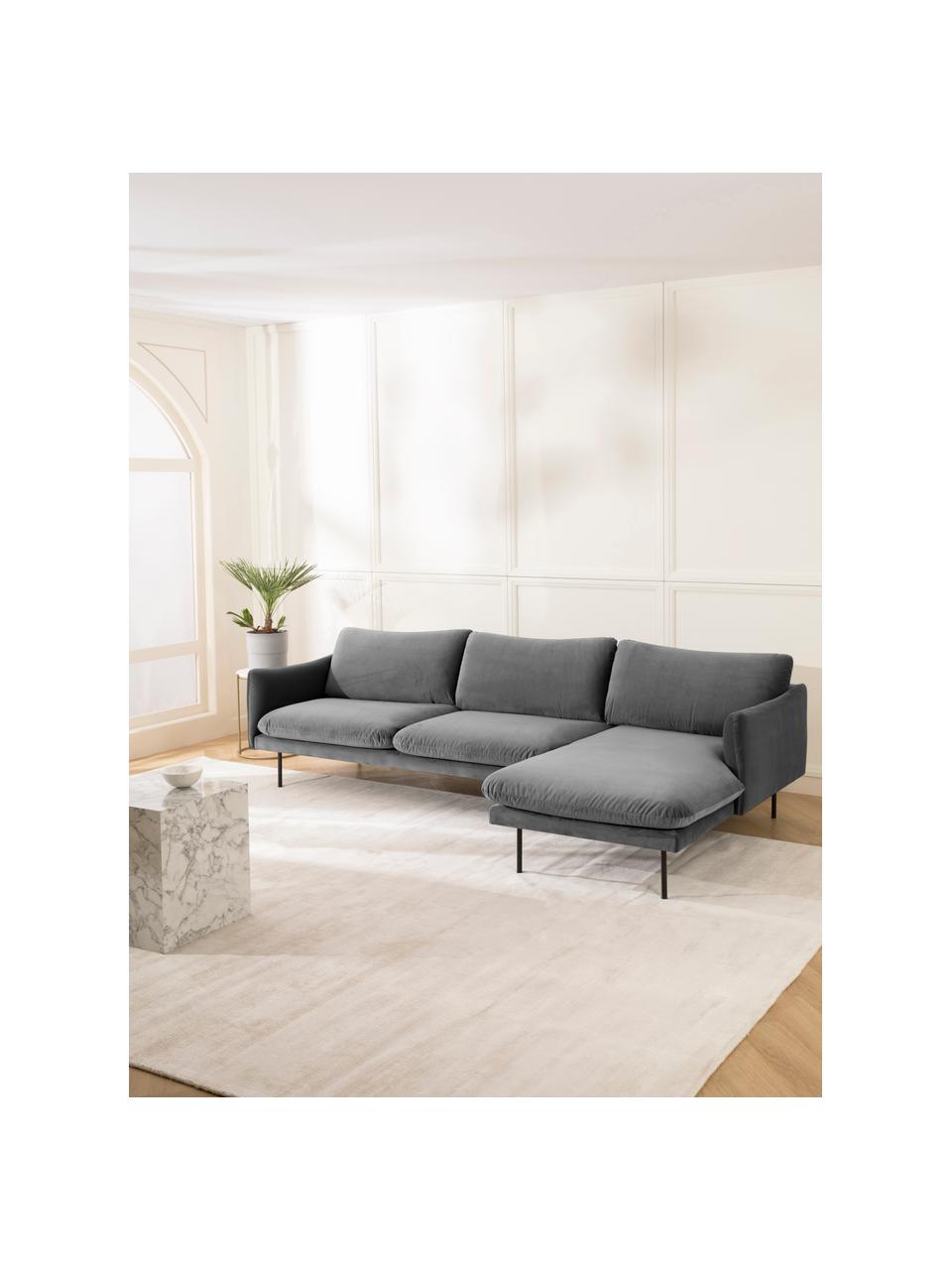 Sofá rinconera de terciopelo Moby, Tapizado: terciopelo (poliéster de , Estructura: madera de pino maciza, Patas: metal con pintura en polv, Terciopelo gris, An 280 x F 160 cm, chaise longue derecha