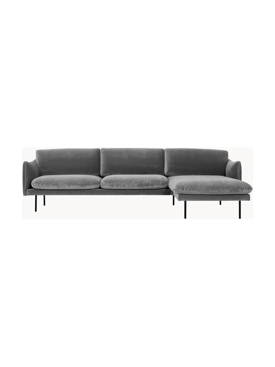Sofa narożna z aksamitu Moby, Tapicerka: aksamit (wysokiej jakości, Stelaż: lite drewno sosnowe z cer, Nogi: metal malowany proszkowo, Szary aksamit, S 280 x G 160 cm, lewostronna
