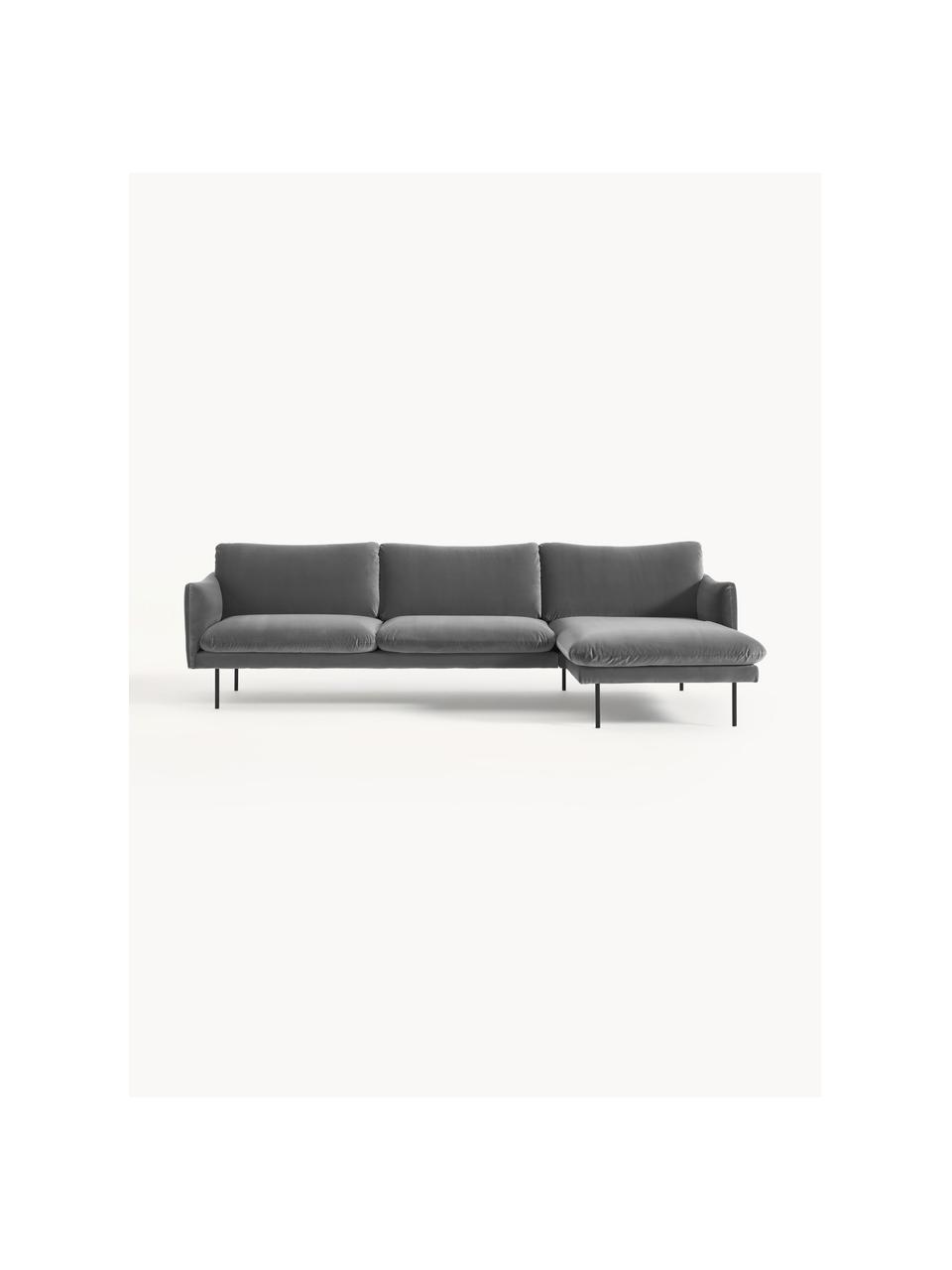 Samt-Ecksofa Moby, Bezug: Samt (Hochwertiger Polyes, Gestell: Massives Kiefernholz, Bir, Füße: Metall, pulverbeschichtet, Samt Grau, B 280 x T 160 cm, Eckteil links