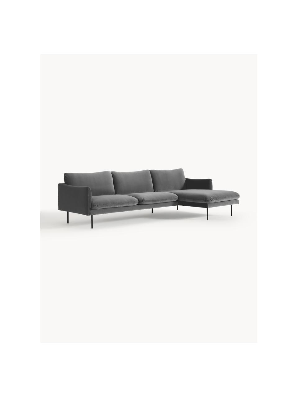 Samt-Ecksofa Moby, Bezug: Samt (Hochwertiger Polyes, Gestell: Massives Kiefernholz, Bir, Füße: Metall, pulverbeschichtet, Samt Grau, B 280 x T 160 cm, Eckteil links