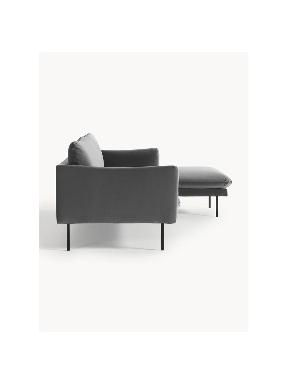 Samt-Ecksofa Moby, Bezug: Samt (Hochwertiger Polyes, Gestell: Massives Kiefernholz, Füße: Metall, pulverbeschichtet, Samt Grau, B 280 x T 160 cm, Eckteil rechts