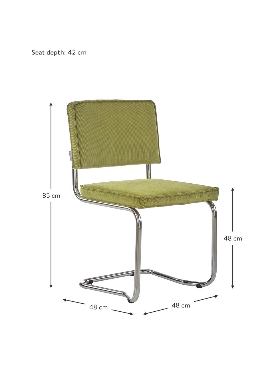 Corduroy cantilever stoel Kink, Bekleding: corduroy (88% nylon, 12% , Frame: verchroomd metaal, Poten: kunststof, Corduroy groen, chroomkleurig, B 48 x D 48 cm