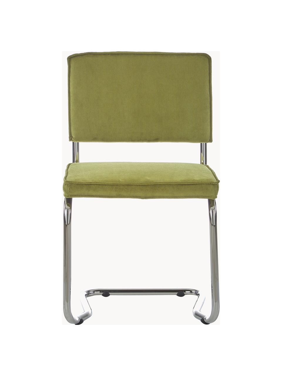 Silla cantilever de pana Kink, Tapizado: pana (88% nylon, 12% poli, Estructura: metal cromado, Pana verde, cromo, An 48 x Al 85 cm