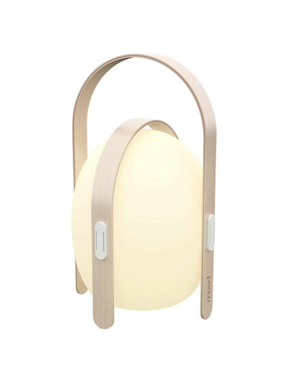 Mobiele outdoor LED lamp Ovo, Lampenkap: kunststof, Frame: iepenhout met berkenhoutf, Wit, lichtbruin, Ø 24 x H 39 cm