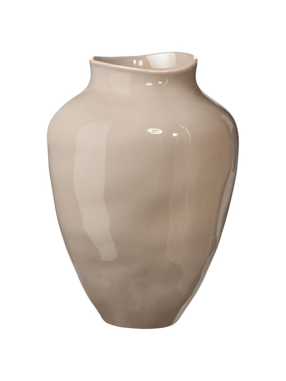Handgefertigte Vase Latona von Isabelle Hartmann, Steingut, Taupe, glänzend, Ø 21 x H 30 cm