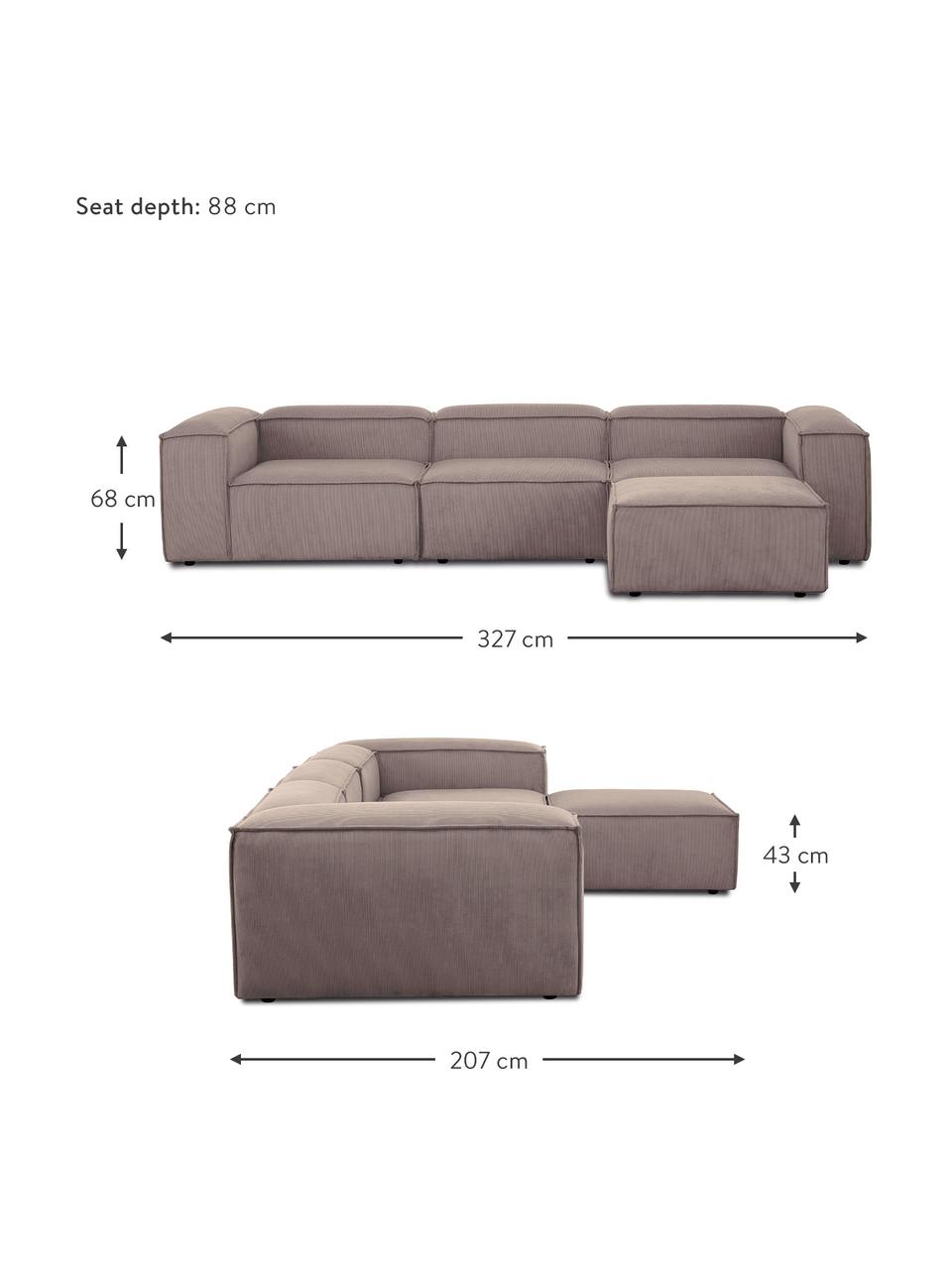 Modulaire bank Lennon (4-zits) van corduroy met kruk, Bekleding: corduroy (92% polyester, , Frame: massief grenenhout, multi, Poten: kunststof, Corduroy bruin, B 327 x H 207 cm