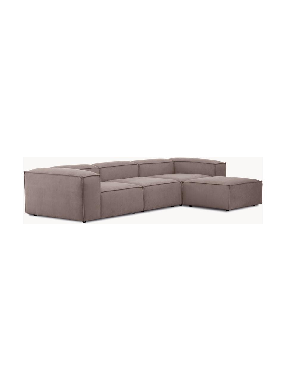 Canapé modulable 4 places en velours côtelé avec pouf Lennon, Velours côtelé taupe, larg. 327 x prof. 207 cm