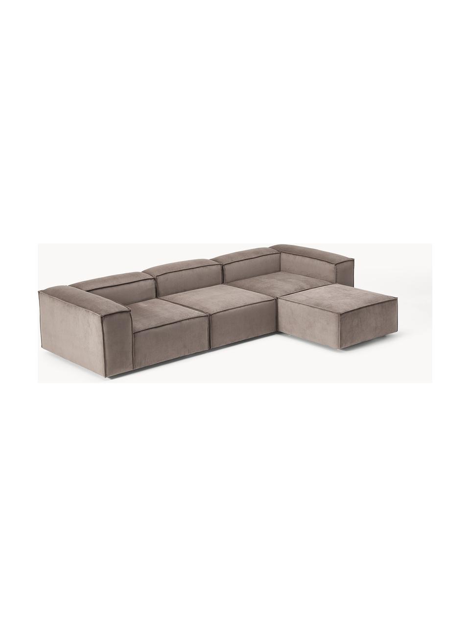 Modulares Sofa Lennon (4-Sitzer) aus Cord mit Hocker (links/rechts), Bezug: Cord (92 % Polyester, 8 %, Gestell: Massives Kiefernholz, Spe, Füße: Kunststoff Dieses Produkt, Cord Taupe, B 329 x T 207 cm